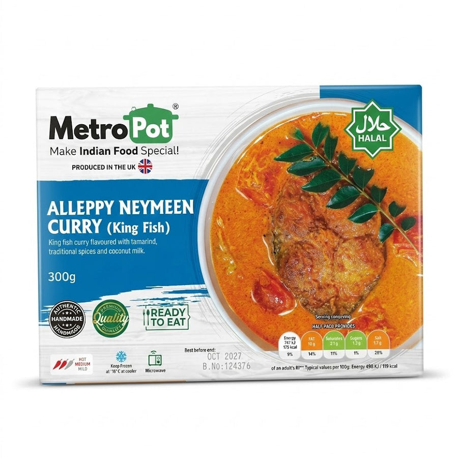  300g box of Metro Pot Alleppy Neymeen Curry (King Fish). This "Ready to Eat" dish is described as a King fish curry flavored with tamarind, traditional spices, and coconut milk. The packaging displays the Halal certification, the Produced in the UK logo, and confirms it is an Authentic Handmade Indian food product. It has a Best Before date of October 2027.Like the previous items, this product is available for purchase in the UK at theindianshelf.co.uk.
