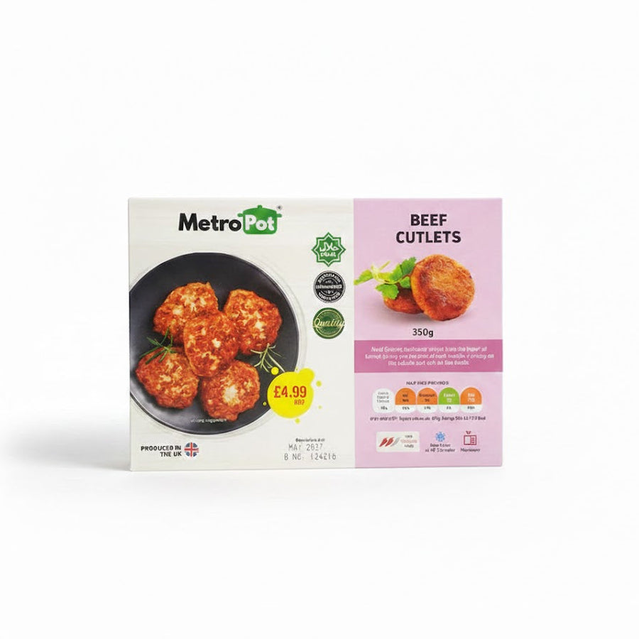 A white and pink rectangular box of Metro Pot Beef Cutlets (350g). The packaging features a top-down view of several golden-brown, fried cutlets on a black plate, along with a separate image of a single cutlet garnished with greens. The box displays a price tag of £4.99, a Halal certification, and a "Produced in the UK" logo.This product is available for purchase in the UK at theindianshelf.co.uk.