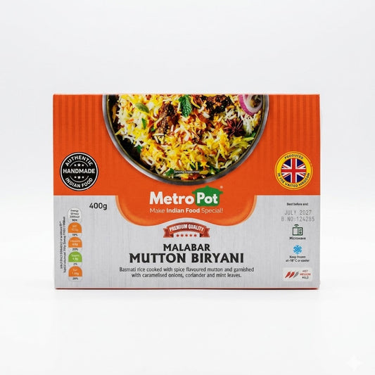 Metro Pot Malabar Mutton Biryani
Indulge in the authentic flavors of South India with Metro Pot Malabar Mutton Biryani. This 400g frozen meal features premium Basmati rice cooked with succulent, spice-flavored mutton, garnished with caramelized onions, fresh coriander, and mint leaves.
This product is available in the UK at theindianshelf.co.uk.