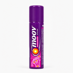 A person's hand holding a tall, cylindrical purple aerosol can of Moov Pain Relief Active Spray The container features a solid purple plastic cap on top. The main body is decorated with a glossy purple wrap-around label highlighting the large, distinctive white "moov" logo written vertically with a silver border. Directly to the right of the logo, a pink vertical badge displays the words "PAIN RELIEF SPECIALIST" alongside the text "ACTIVE SPRAY"This product is available in the UK at theindianshelf.co.uk.