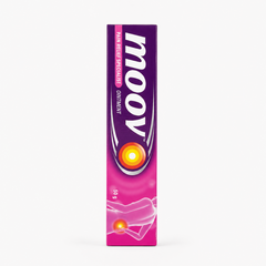 A professional studio shot of a vertically oriented rectangular cardboard carton of Moov Pain Relief Specialist Ointment The upper half of the box features a deep purple background showcasing the large, iconic white "moov" brand name written vertically with sleek silver crescent accents. To the left of the logo, a bright pink capsule graphic displays the words "PAIN RELIEF SPECIALIST" alongside the text "OINTMENT" in white. This product is available in the UK at theindianshelf.co.uk.
