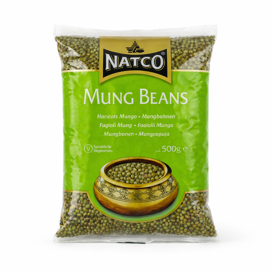 This is a 500g pack of whole Mung Beans from Natco. These green beans are suitable for vegetarians and are a versatile staple used in various soups, curries, and sprouted for salads.This item is available in the UK at theindianshelf.co.uk.