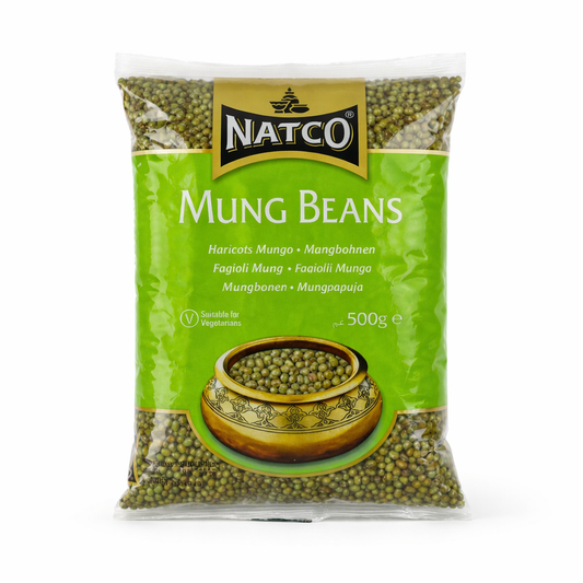 This is a 500g pack of whole Mung Beans from Natco. These green beans are suitable for vegetarians and are a versatile staple used in various soups, curries, and sprouted for salads.This item is available in the UK at theindianshelf.co.uk.
