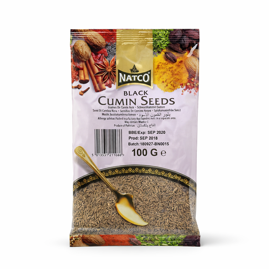 This is a 100g pack of Natco Black Cumin Seeds (Kala Jeera). Often used in North Indian and Middle Eastern cuisines, these seeds are known for their distinct, smoky aroma and complex flavor profile compared to regular cumin. The product is a Produce of Pakistan and is packed in a facility that handles nuts.This product is available in the UK at theindianshelf.co.uk.