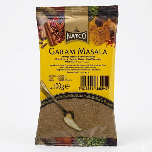 This is a 100g pack of Natco Garam Masala, a warming Indian spice blend used to add depth and aroma to a variety of dishes. It is a Produce of India and contains a rich mix of spices including coriander, cumin, black cardamom, and star anise.
This product is available in the UK at theindianshelf.co.uk.