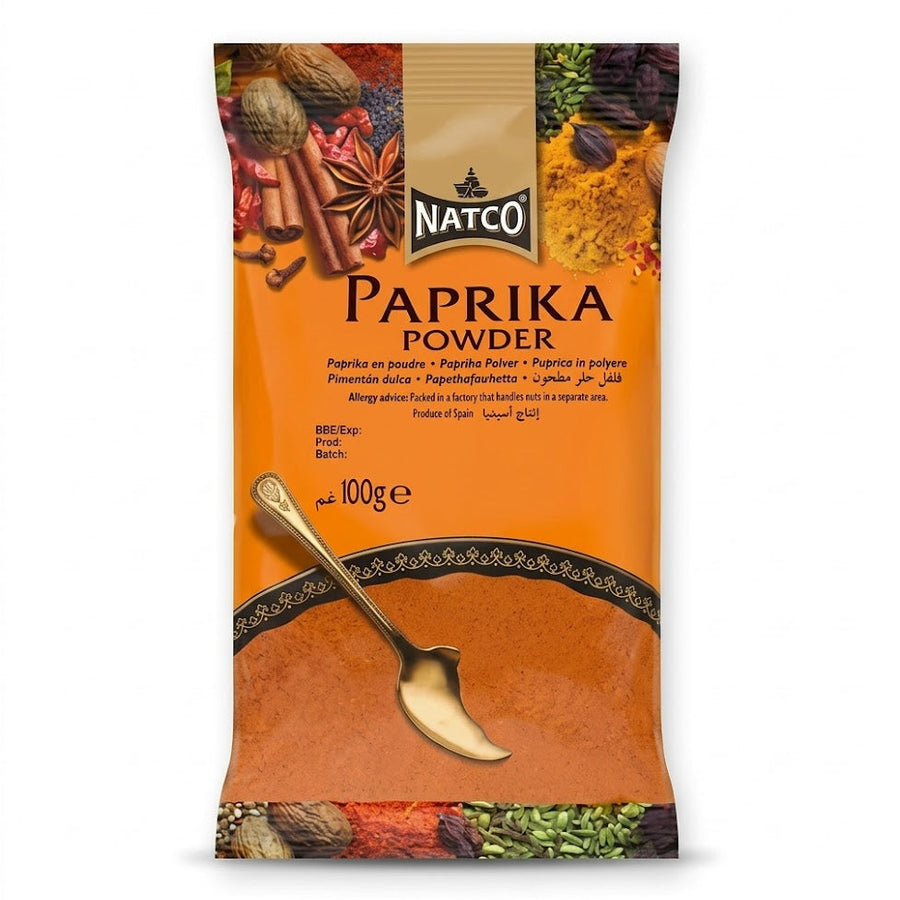 This is a 100g pack of Natco Paprika Powder, a ground spice used to add mild heat and deep color to various culinary dishes. This product is a Produce of Spain and is packed in a facility that also handles nuts in a separate area.This product is available in the UK at theindianshelf.co.uk.