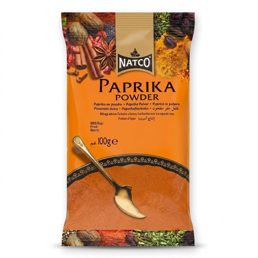 This is a 100g pack of Natco Paprika Powder, a ground spice used to add mild heat and deep color to various culinary dishes. This product is a Produce of Spain and is packed in a facility that also handles nuts in a separate area.This product is available in the UK at theindianshelf.co.uk.