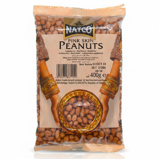 Natco Pink Skin Peanuts 400g pack, featuring high-quality raw peanuts with their natural pink skins intact, is available for purchase at theindianshelf.co.uk.