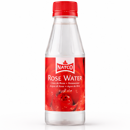 Natco Rose Water, featuring a delicate floral essence perfect for flavoring desserts, beverages, and traditional middle-eastern dishes, is available for purchase at theindianshelf.co.uk.
