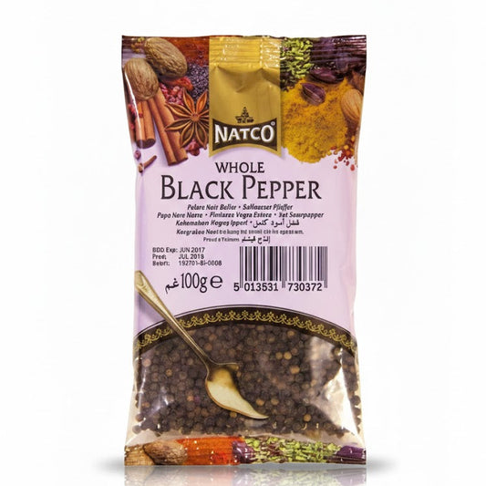 Natco Whole Black Pepper 100g pack, featuring premium whole peppercorns essential for adding bold flavor and heat to various culinary dishes, is available for purchase at theindianshelf.co.uk.