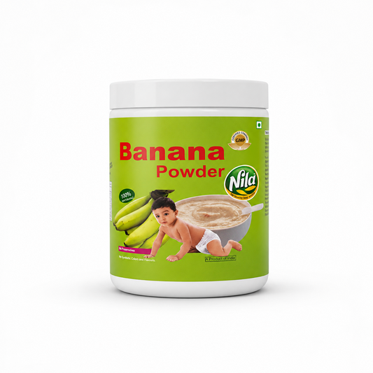 A professional studio shot of a white plastic canister of Nila Banana Powder The container features a vibrant lime green label with the product name "Banana Powder" printed in bold red and green letters. An illustration on the label showcases a crawling baby in a diaper next to a fresh bunch of raw green bananas and a grey bowl filled with smooth banana porridge. The circular green and yellow "Nila" logo sits on the right. This product is available in the UK at theindianshelf.co.uk.
