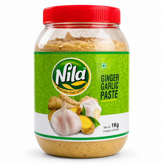 A professional studio shot of a large 1 kg plastic jar of Nila Ginger Garlic Paste The translucent jar is filled with a thick, light-tan blended paste  The vibrant green label features a repeating background pattern of spice doodles, with the circular green, yellow, and white "Nila" logo positioned on the left. High-quality graphics of fresh garlic bulbs, garlic cloves, and sliced ginger roots are featured at the bottom. This product is available in the UK at theindianshelf.co.uk.