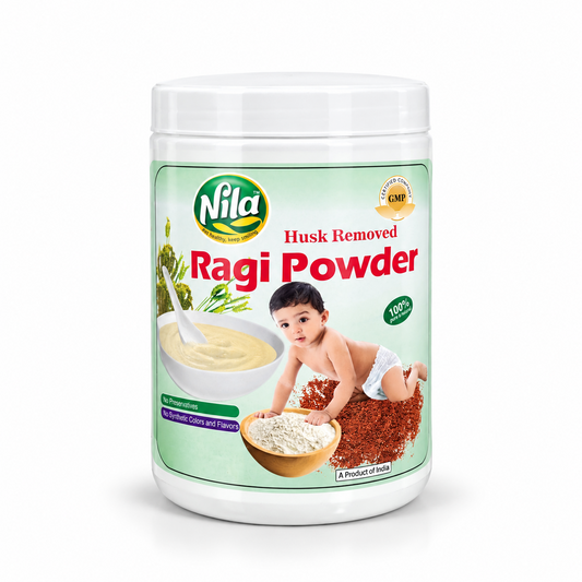 A white container of Nila Husk Removed Ragi Powder featuring brand logos, GMP certification, and porridge imagery, centered on a solid white background. Available in the UK at theindianshelf.co.uk.