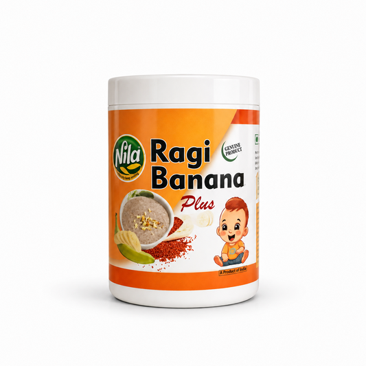 A professional studio shot of a white plastic canister of Nila Ragi Banana Plus The label features an orange and white background split diagonally. On the left, the circular green "Nila" logo is displayed above the bold product title "Ragi Banana Plus". An illustration showcases a small bowl of smooth brown porridge garnished with chopped nuts, sitting next to a green banana, sliced banana rounds, and a small pile of red ragi grains.This product is available in the UK at theindianshelf.co.uk.