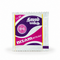 A sealed retail packet of Nizam Betelnut featuring purple and white branding, centered on a solid white background. Available in the UK at theindianshelf.co.uk.