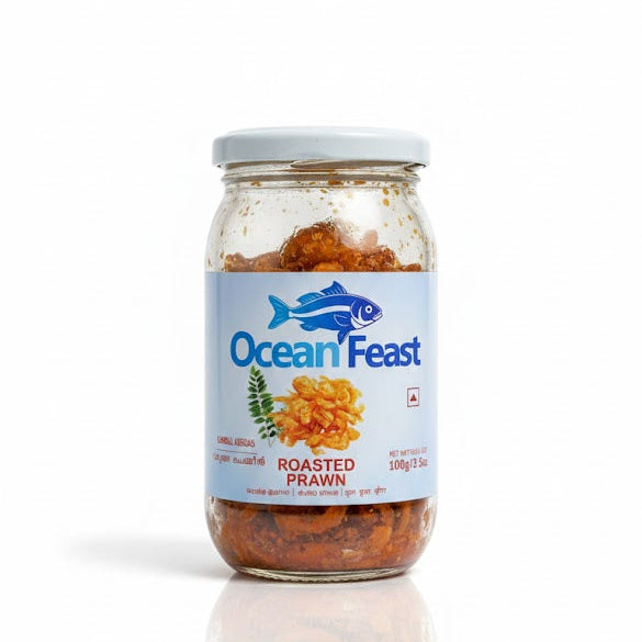Ocean Feast Roasted Prawn 100g glass jar, featuring authentic spicy dried prawns for a traditional coastal side dish, is available for purchase at theindianshelf.co.uk.