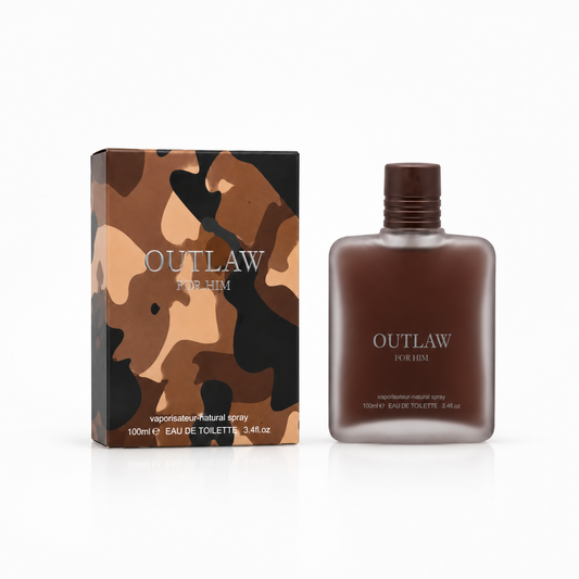 Outlaw For Him Eau De Toilette 100ml bottle standing next to its camouflage pattern packaging box against a solid white background. Available in the UK at theindianshelf.co.uk.