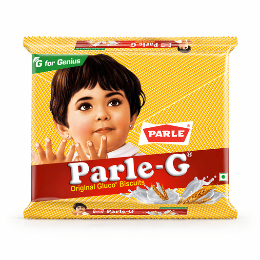A professional studio shot of a pack of Parle-G Original Gluco Biscuits. The packaging features its signature bright yellow background with thin white diagonal stripes and the iconic red and white "Parle" logo. A central image shows the famous Parle-G girl illustration above the bold "Parle-G" product name in white. The bottom features a splash of white milk with golden wheat stalks,This product is available in the UK at theindianshelf.co.uk.
