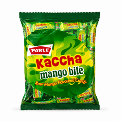 A studio product shot of a large vertical outer pouch of Parle Kaccha Mango Bite candies against a solid white background. The packaging is a deep forest green color, featuring a massive central abstract green and yellow swirl graphic that mimics a slice of mango. The classic red and white "PARLE" logo sits on the upper-left of this graphic, 