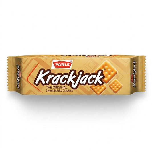 Parle Krackjack Original Sweet & Salty Crackers pack, a classic crispy tea-time biscuit snack, is available for purchase at theindianshelf.co.uk.