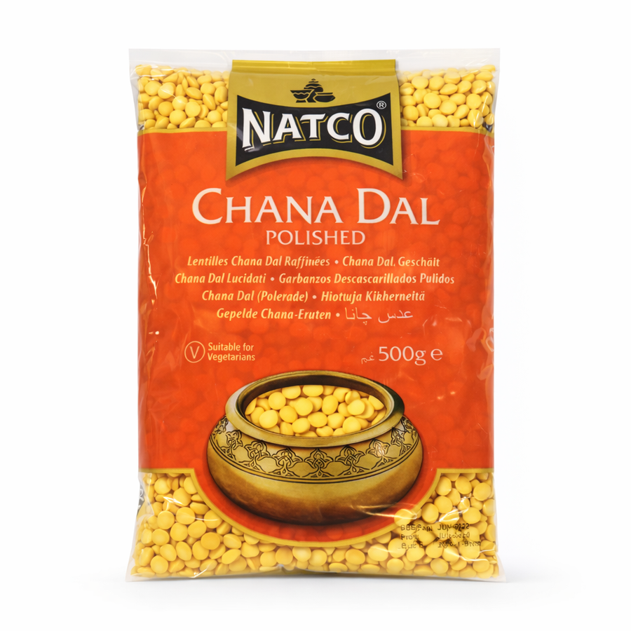 This is a 500g pack of Polished Chana Dal (split chickpeas) from Natco. This product is suitable for vegetarians and is a staple ingredient in Indian cuisine, used for making hearty dals, snacks, and even flour.All of these items are available in the UK at theindianshelf.co.uk.