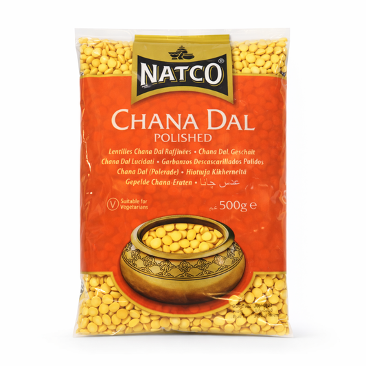 This is a 500g pack of Polished Chana Dal (split chickpeas) from Natco. This product is suitable for vegetarians and is a staple ingredient in Indian cuisine, used for making hearty dals, snacks, and even flour.All of these items are available in the UK at theindianshelf.co.uk.