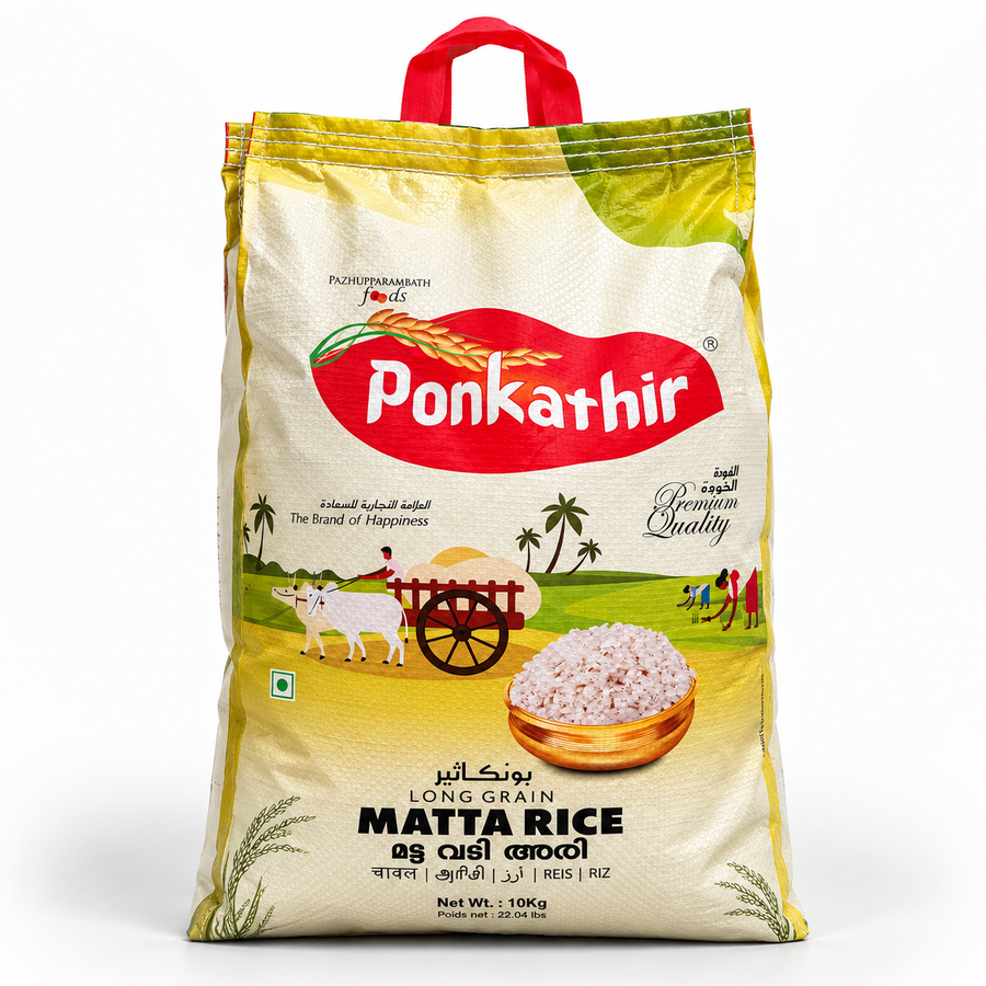 A 10 Kg cream and yellow retail bag of Ponkathir Long Grain Matta Rice featuring product branding, artwork, and a carrying handle, centered on a solid white background. Available in the UK at theindianshelf.co.uk.