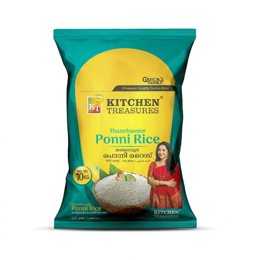 This is a 10kg bulk pack of Premium Quality Ponni Rice from Kitchen Treasures. Sourced from Thanchavoor, this "Quick Cook" variety is known for its unique aroma and soft texture, making it a favorite for traditional South Indian meals.