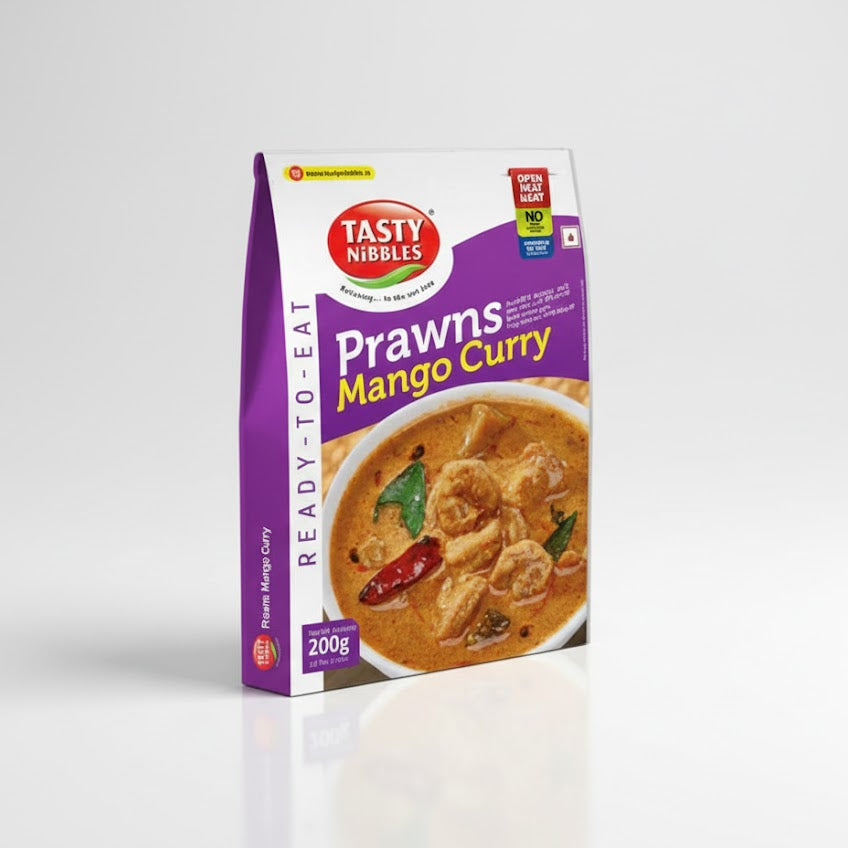 Tasty Nibbles Ready-to-Eat Prawns Mango Curry 200g pack, using Japanese Retort Technology, is available from theindianshelf.co.uk.