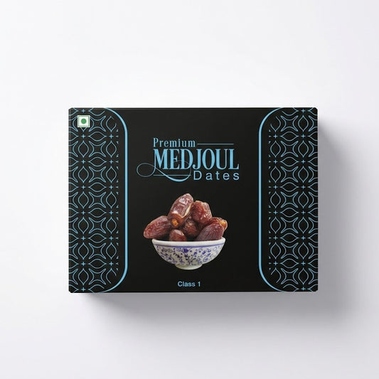 A black box of Premium Medjoul Dates (Class 1), known for their large size, soft texture, and rich caramel-like sweetness, is available for purchase at theindianshelf.co.uk.