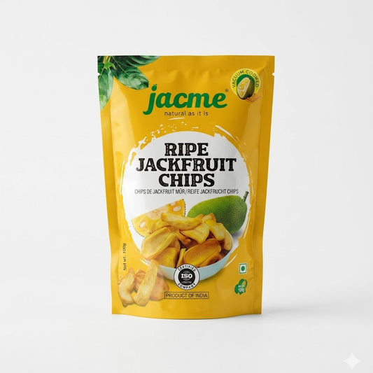 This is a 100g pack of Ripe Jackfruit Chips from the brand Jacme. These chips are vacuum cooked to preserve the natural sweetness and flavor of the fruit while maintaining a crunchy texture. This 100% vegetarian snack is produced by an ISO-certified company in India.This product is available in the UK at theindianshelf.co.uk.