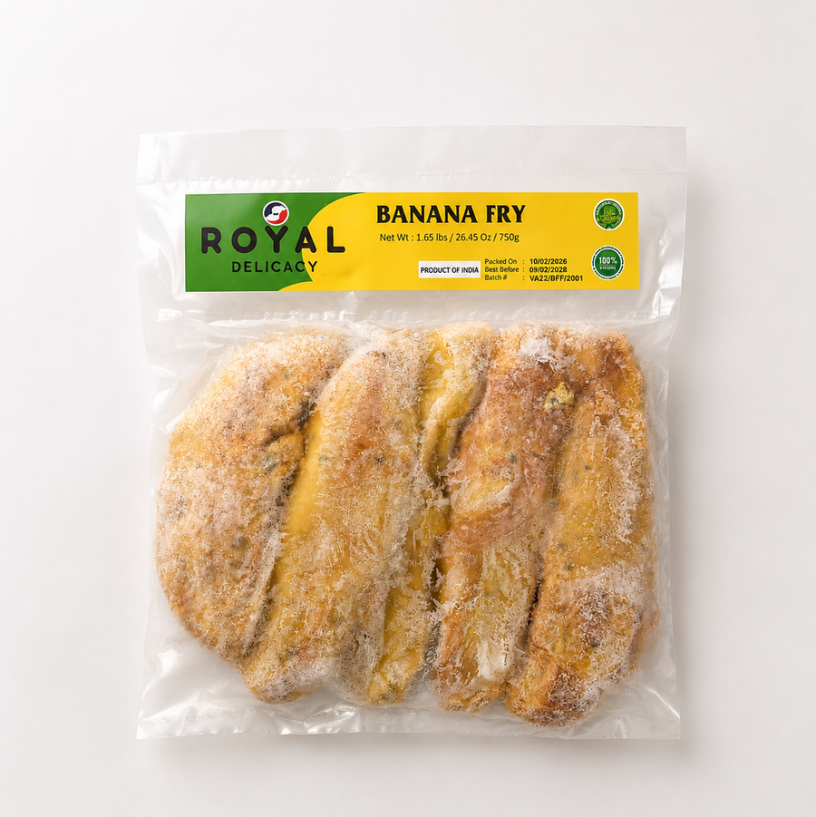 A studio product shot of a 750g clear plastic pack of Royal Delicacy Banana Fry against a white background. The package shows frozen golden banana fritters below a vibrant yellow and green product label. Available in the UK at theindianshelf.co.uk.
