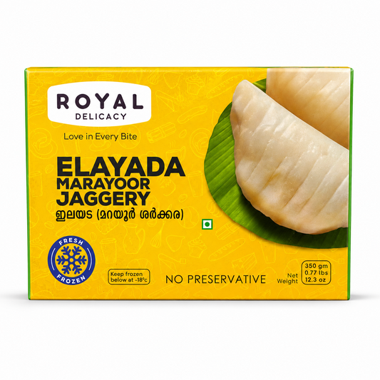 A professional studio shot of a landscape-oriented rectangular cardboard box of Royal Delicacy Elayada Marayoor Jaggery The front of the packaging features a bright yellow background covered in subtle, faint illustrations of kitchen tools and traditional foods. At the top left, a white rounded rectangle displays the text "ROYAL DELICACY" in dark purple, with the script tagline "Love in Every Bite" directly underneath. This product is available in the UK at theindianshelf.co.uk.