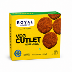 A professional studio product shot of a square yellow cardboard box for Royal Delicacy Frozen Veg Cutlet against a solid white background. The top features a green header strip, while the main front face has a bright yellow background patterned with subtle white line illustrations of snacks. The upper left corner holds a white rounded rectangular logo showing the brand name "ROYAL DELICACY" above the tagline "Love in Every Bite". This product is available in the UK at theindianshelf.co.uk.