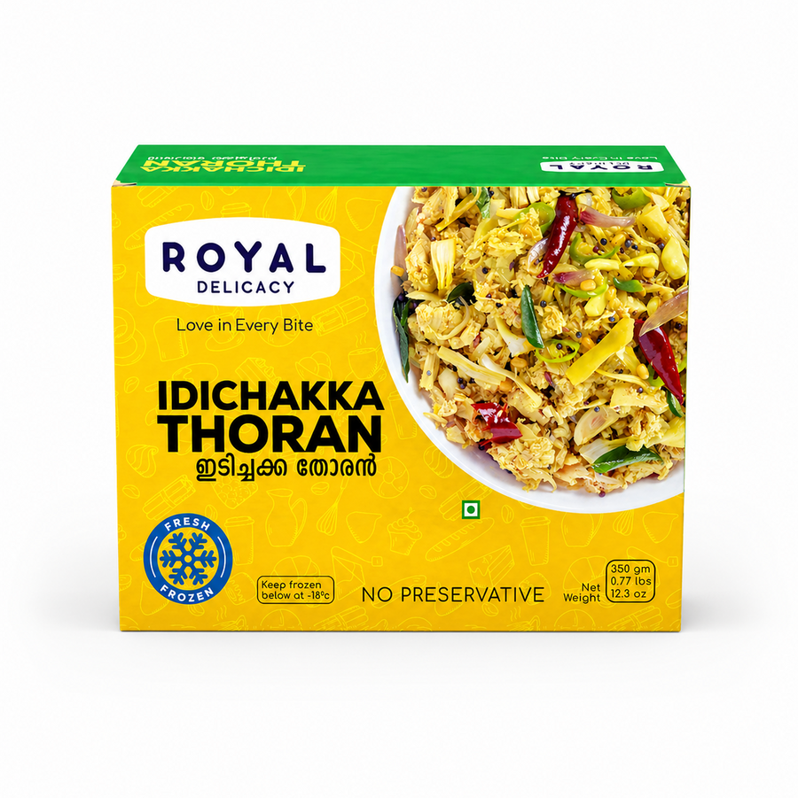 A professional studio shot of the Royal Delicacy Idichakka Thoran box. The packaging features a bright yellow background with subtle line art of kitchenware. A white bowl on the right side of the box is filled with the Idichakka Thoran, showing finely shredded young jackfruit mixed with green chilies, red chilies, and curry leaves.This product is available in the UK at theindianshelf.co.uk.