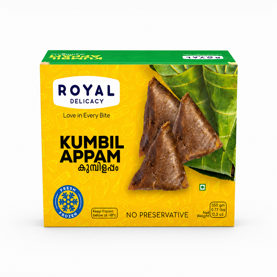 A professional studio shot of the Royal Delicacy Kumbil Appam box. The packaging features a bright yellow background decorated with subtle line drawings of kitchen tools. On the right side, three dark-brown, triangular jackfruit dumplings are displayed, with one resting against two fresh, green bay leaves.This product is available in the UK at theindianshelf.co.uk.