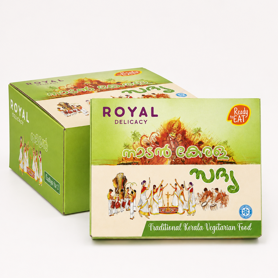 Royal Delicacy Ready-to-Eat Nadan Kerala Sadhya box set for 5 people, featuring traditional green packaging printed with Thiruvathira dancers and Kathakali artwork against a solid white background. Available in the UK at theindianshelf.co.uk.