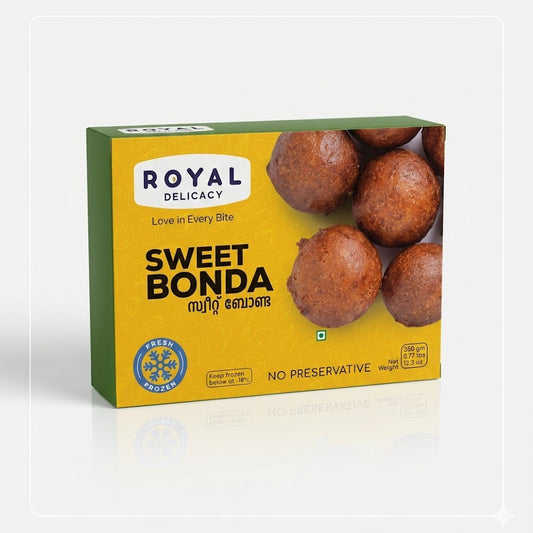 A yellow and orange box of Royal Delicacy Sweet Bonda 350g (12.3 oz), featuring a traditional South Indian sweet snack that is fresh frozen and contains no preservatives, is available for purchase at theindianshelf.co.uk.