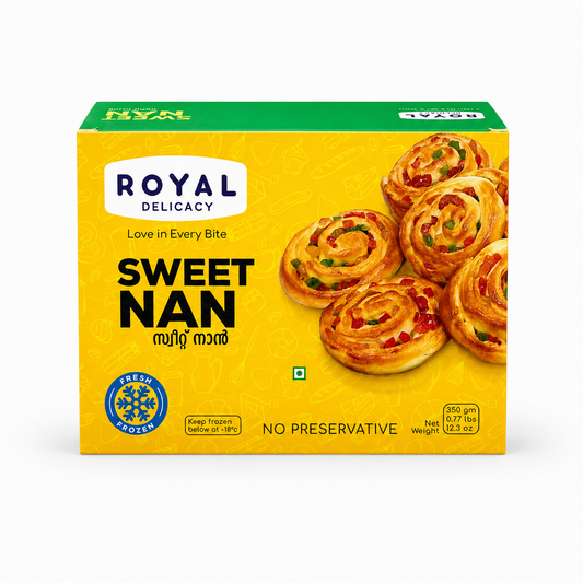A professional studio shot of the Royal Delicacy Sweet Nan packaging. The white box features the brand's logo at the top and the product name "SWEET NAN" printed vertically in black. The background is decorated with oversized, semi-transparent pastel typography. A central image showcases six golden-brown, spiraled nan breads garnished with small green pieces. This product is available in the UK at theindianshelf.co.uk.