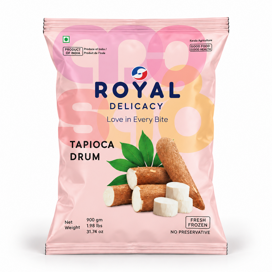A 900g pink retail pouch of Royal Delicacy Tapioca Drum featuring fresh root imagery and branding, centered on a solid white background. Available in the UK at theindianshelf.co.uk.