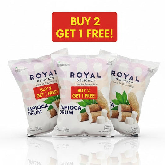 Royal Delicacy Tapioca Drum 900g (Buy 2 Get 1 Free) pack, offering an authentic and traditional snack, is available for purchase at theindianshelf.co.uk.