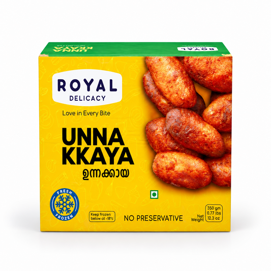 A 350g yellow retail box of Royal Delicacy Unnakaya featuring serving imagery and branding, centered on a solid white background. Available in the UK at theindianshelf.co.uk.   