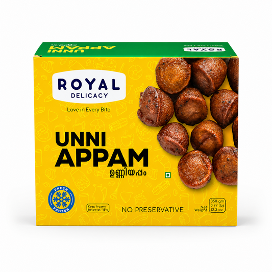 A professional studio shot of the Royal Delicacy Unni Appam box. The packaging features a vibrant yellow background decorated with subtle line drawings of various kitchen utensils and ingredients. On the right side, several dark golden-brown, round unni appams are prominently displayed.This product is available in the UK at theindianshelf.co.uk.