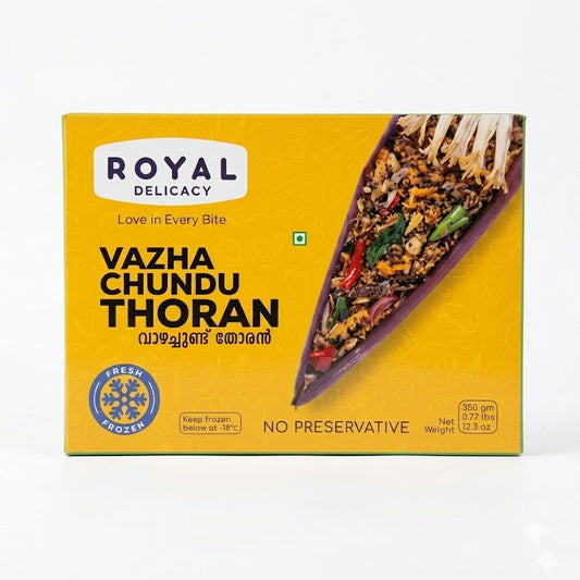 Royal Delicacy Vazha Chundu Thoran packaging. The box is bright yellow with a minimalist design. A large, triangular-shaped image on the right shows the prepared thoran—a dark, textured stir-fry of chopped banana flower with coconut, red chilies, and green curry leaves—served inside a purple banana blossom petal. The "Royal Delicacy" logo and a "Fresh Frozen" snowflake icon are clearly visible. The net weight is listed as 350g.