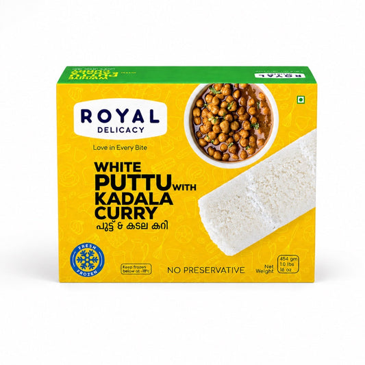A professional studio shot of the Royal Delicacy White Puttu with Kadala Curry box. The packaging features a vibrant yellow background with a subtle pattern of culinary illustrations. On the right, a large white cylindrical Puttu is displayed diagonally, while a small white bowl at the top center shows a rich, brown Kadala curry garnished with fresh curry leaves. Labels Fresh Frozen, No Preservative, and "Keep frozen below -18°C are clearly visible.This product is available in the UK at theindianshelf.co.uk