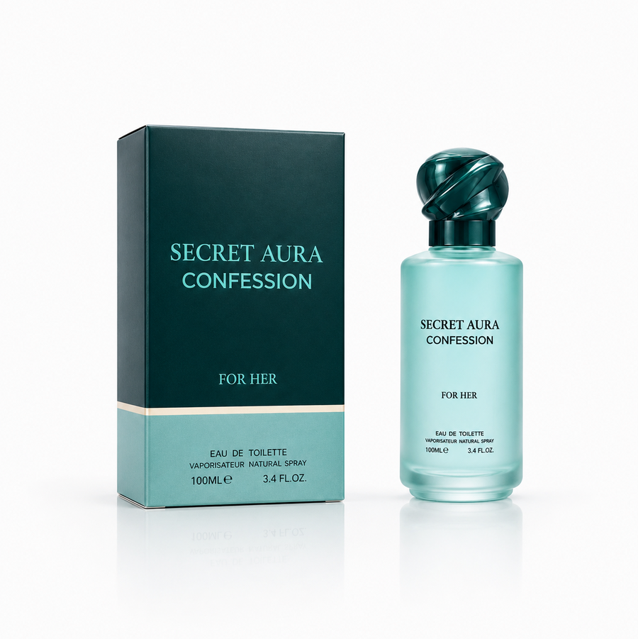 Secret Aura Confession For Her Eau De Toilette 100ml frosted teal bottle with a glossy deep teal twisted cap standing next to its dark teal and aqua packaging box against a clean, light studio background. Available in the UK at theindianshelf.co.uk.