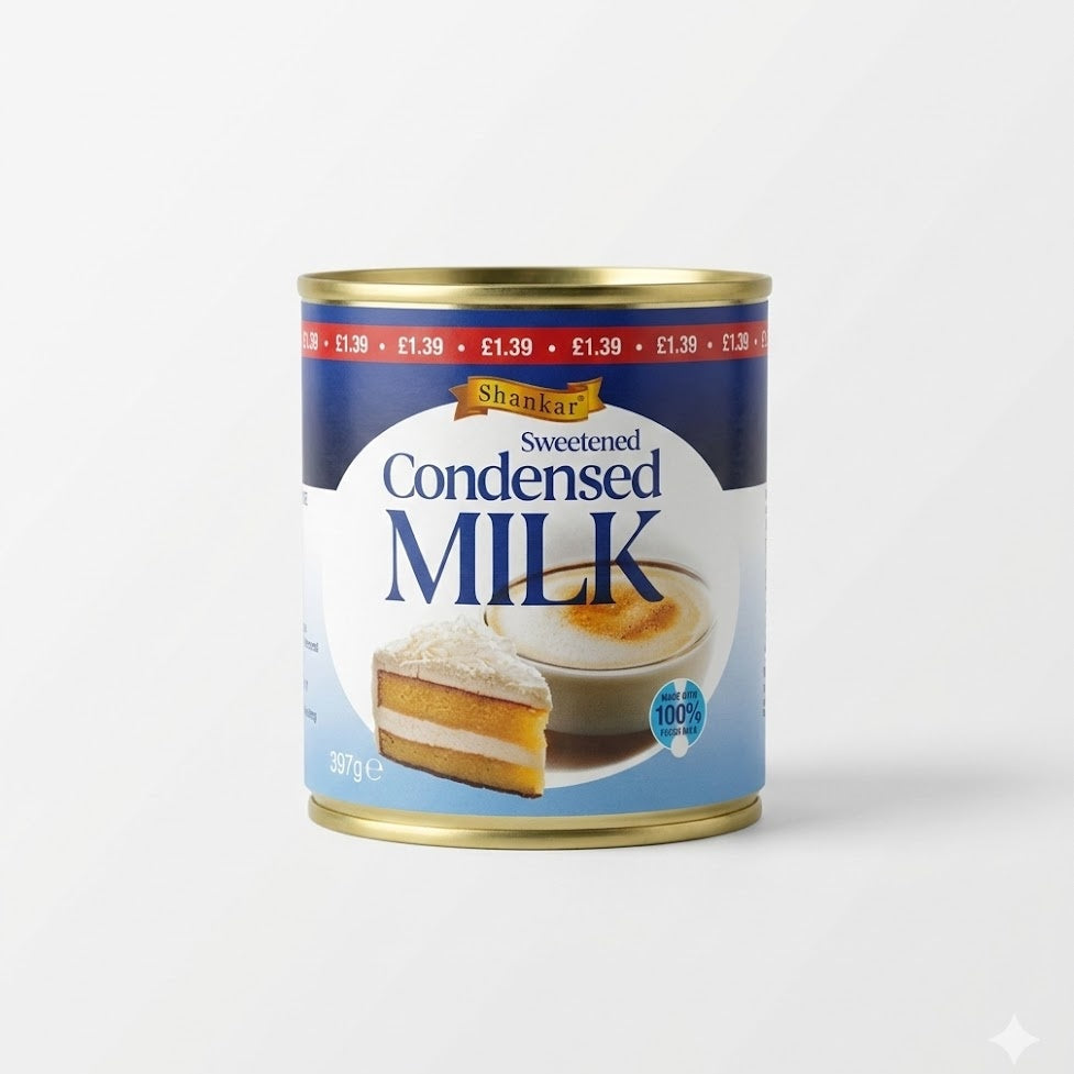 A can of Shankar Sweetened Condensed Milk 397g, featuring a rich and creamy texture made with 100% fresh milk, is available for purchase at theindianshelf.co.uk.
