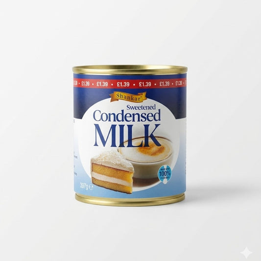 A can of Shankar Sweetened Condensed Milk 397g, featuring a rich and creamy texture made with 100% fresh milk, is available for purchase at theindianshelf.co.uk.