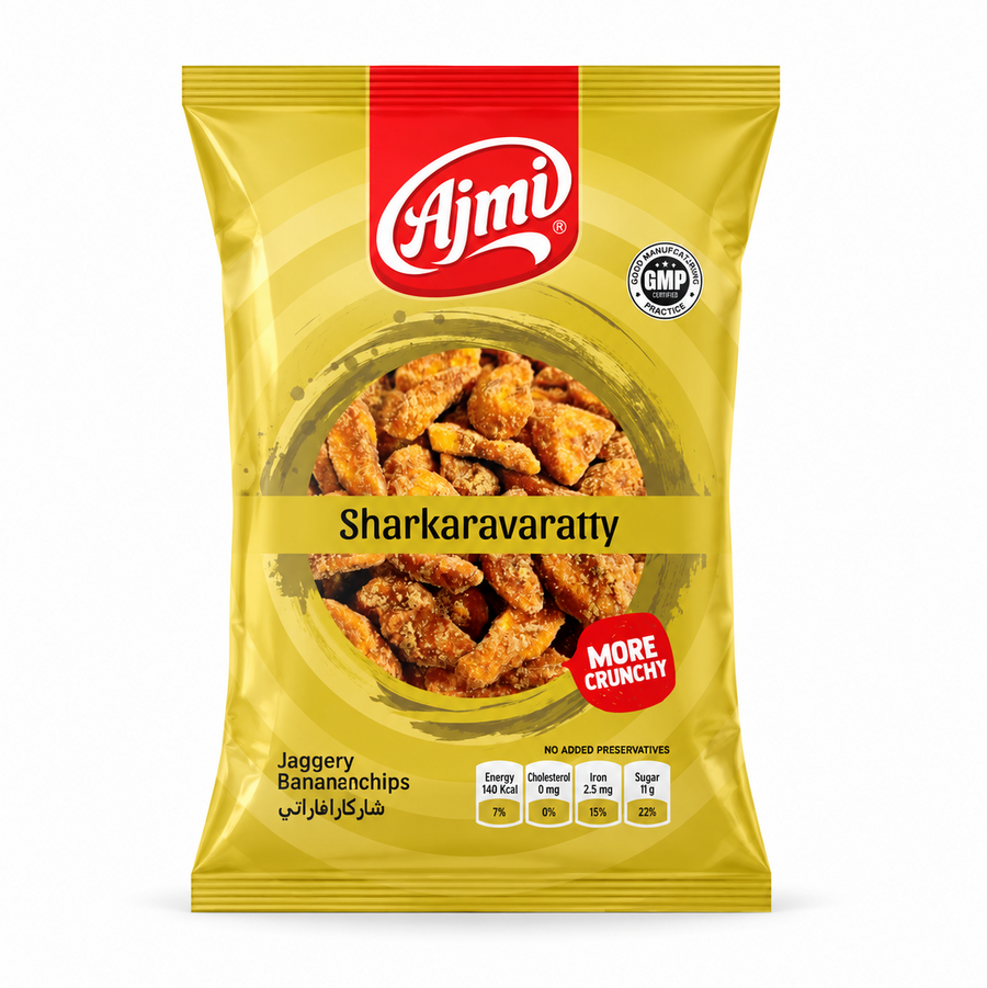 A yellow and red pouch of Ajmi Sharkaravaratty Jaggery Banana Chips featuring a central circular window illustrating crunchy jaggery-coated banana pieces, centered against a solid white background. Available in the UK at indianshelf.co.uk.
