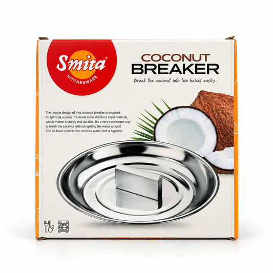 A box of Smita Kitchenware Stainless Steel Coconut Breaker featuring a metal bowl with a central cracking blade, centered on a solid white background. Available in the UK at theindianshelf.co.uk.